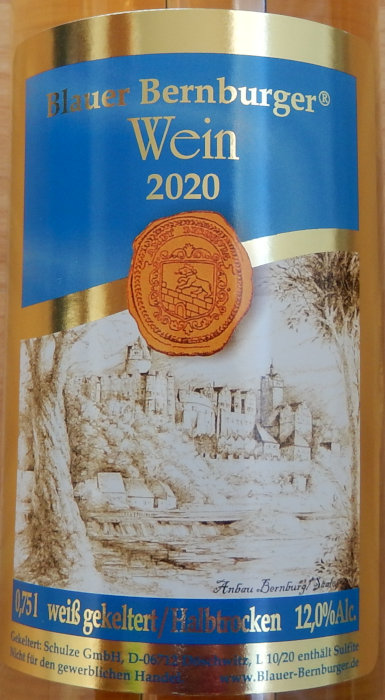 Blauer Bernburger Wein weiß gekeltert Etikett 2020 Halbtrocken